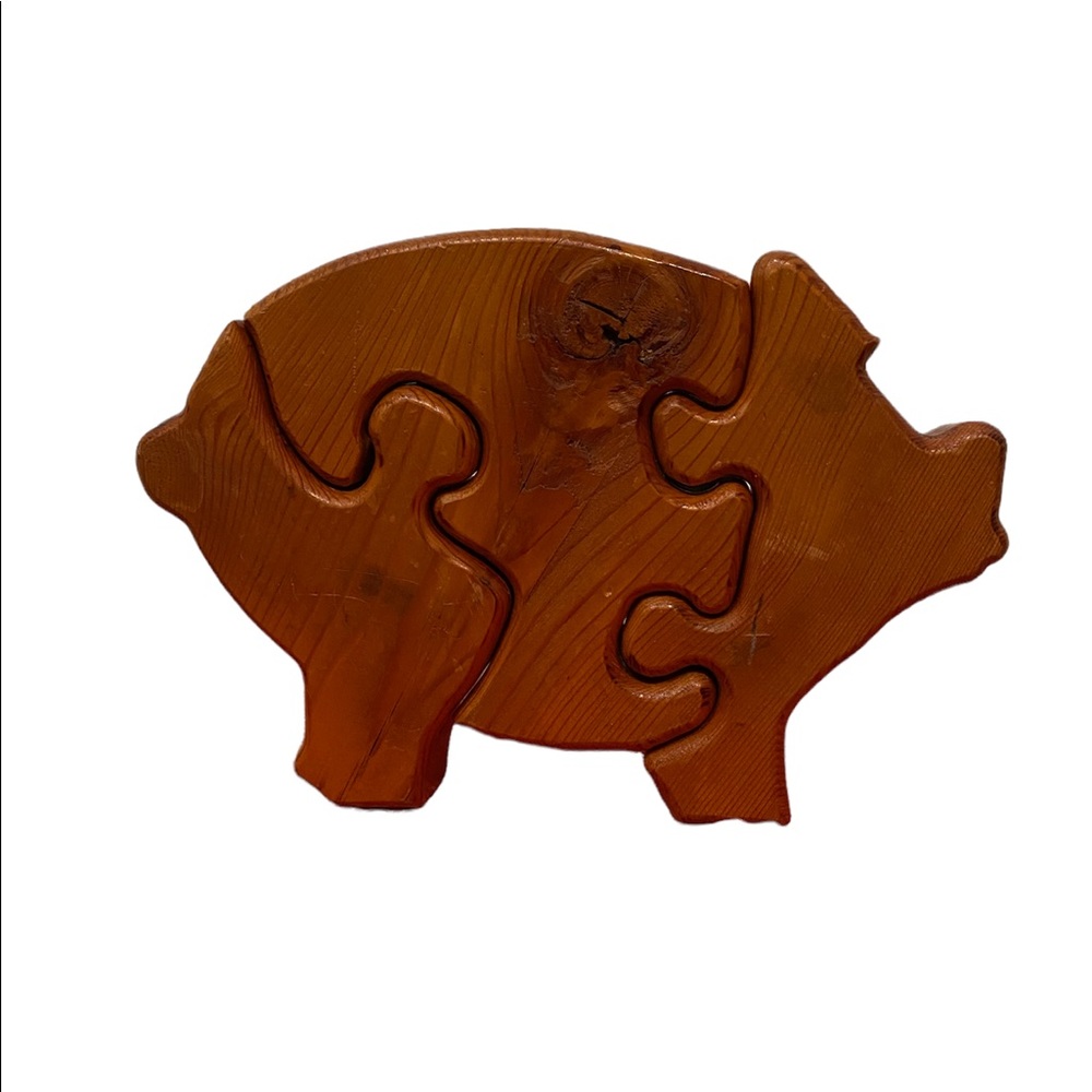 Vintage handmade wooden standing interlock pig puzzle